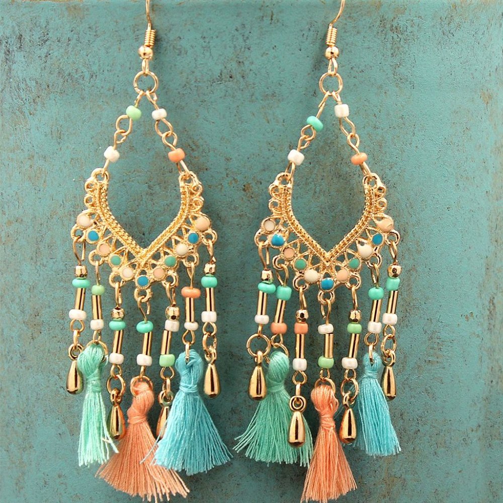 Goldtone & Blue Tassel Chandelier Drop Earrings